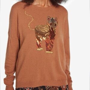 Desigual Wool Cashmere Blend Tan Sweater XL Tiger Colourful Beads Embroidery